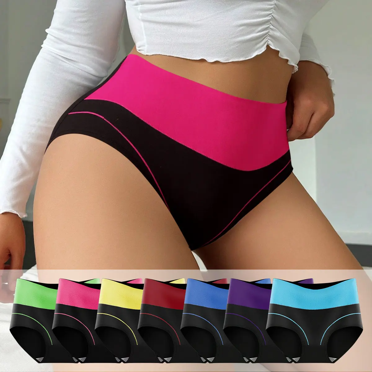 Hotcom Women's High-Waist Striped Mixed Color Polyester-Spandex Seamless Panties - Breathable Soft Activewear Sportswear Briefs, Athletic Fit, for Daily & Running Use, All Seasons, XS-XXXL