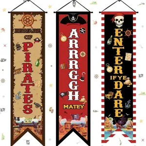 3 Pcs Pirate Banners, Beware of Pirate Porch Sign, Treasure Hunt Hanging Flags, Halloween Party Decorations, Birthday Photo Props