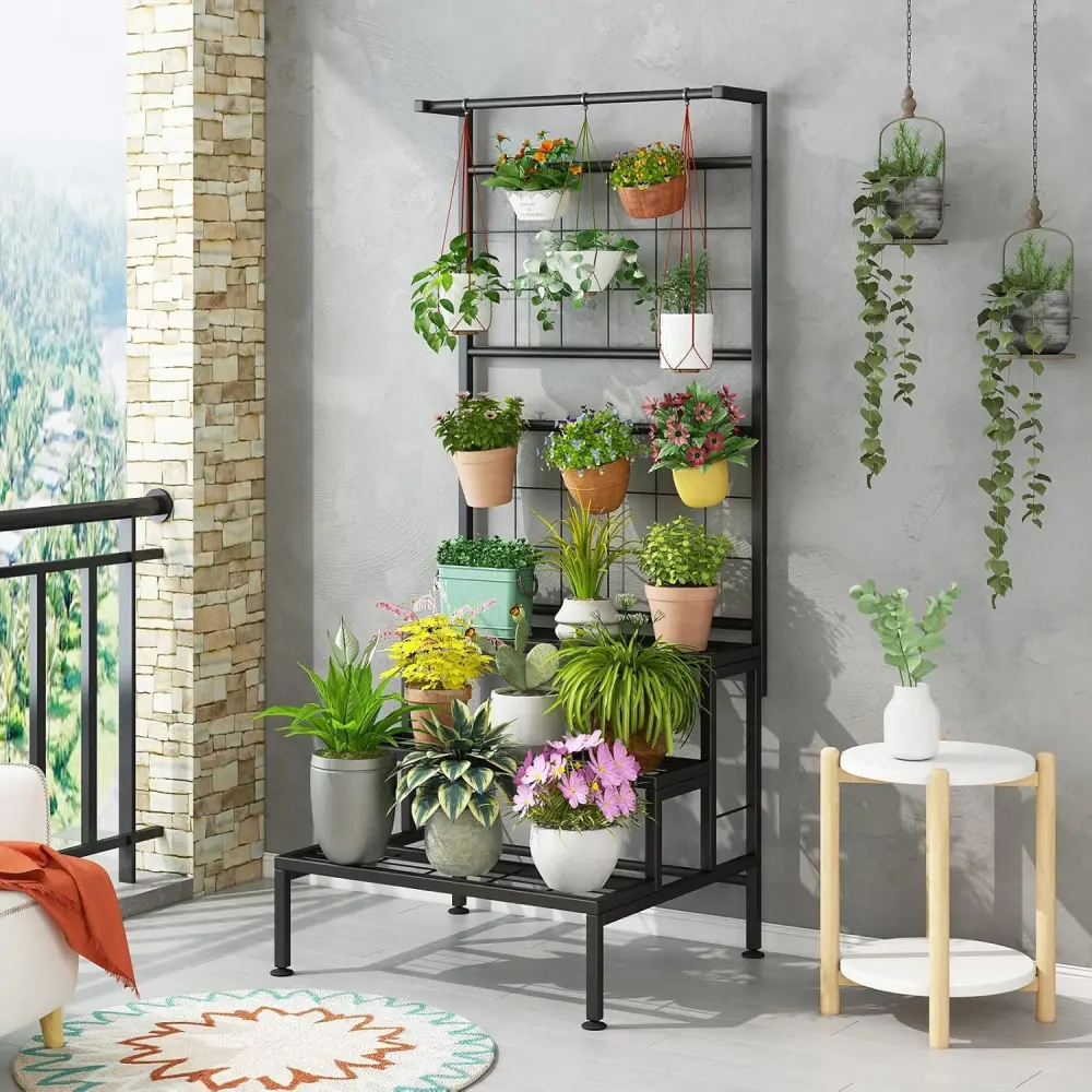 SUOERNUO Heavy Duty 3-Tier Hanging Plant Stand with Grid Panel, Vertical Garden Accessories for Flower Pots, Indoor-Outdoor Hanging Baskets 3tier Pot Display Organizer for Living Room, Balcony