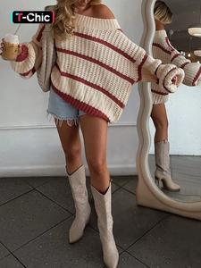 halloween loose-fit casual sweater, asymmetrical neckline colorblock striped knit pullover, fall & winter fashion for women