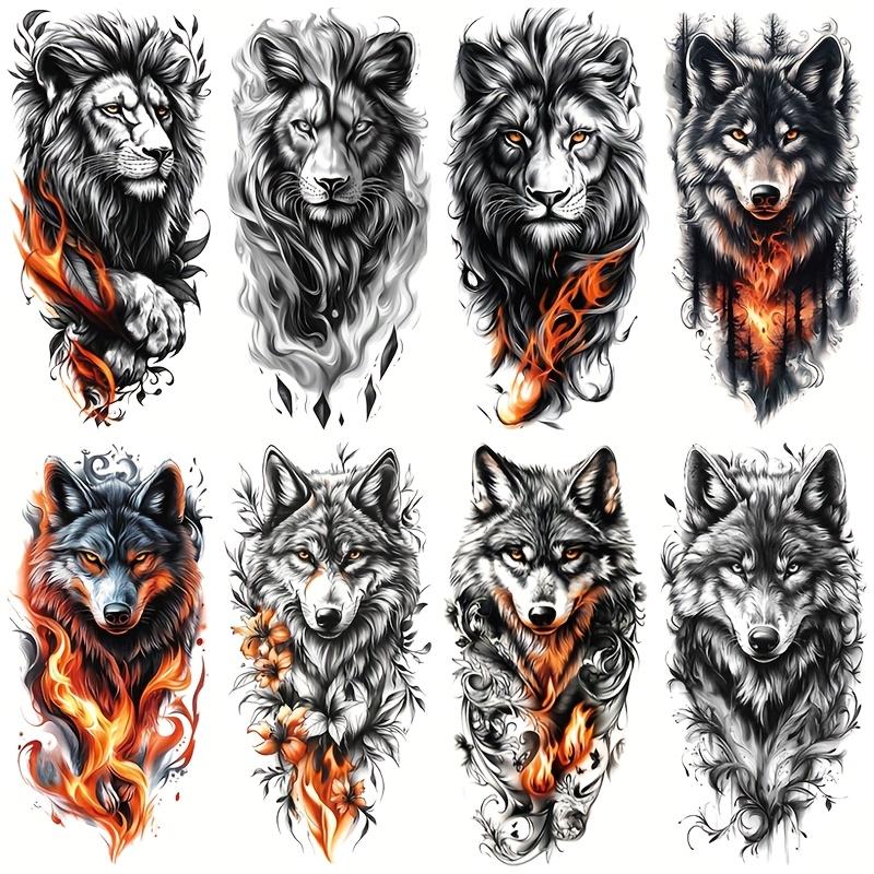 Pre-Packaged 8-Piece Assorted Animal Temporary Tattoo Stickers Bundle - PVC Glitter, Unscented Type, Waterproof Wear, Casual, Solid, No Battery Needed Wolf/Lion/Tiger Designs for Adults, Halloween Body & Arm Art (Beauty & Personal Care Makeup Accessory)