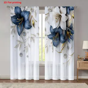 2D flat print, 2-piece set, elegant blue and white lily flower curtains, gold embellishment, polyester rod bag design, privacy protection, suitable for living room, bedroom, hotel restaurant home decoration