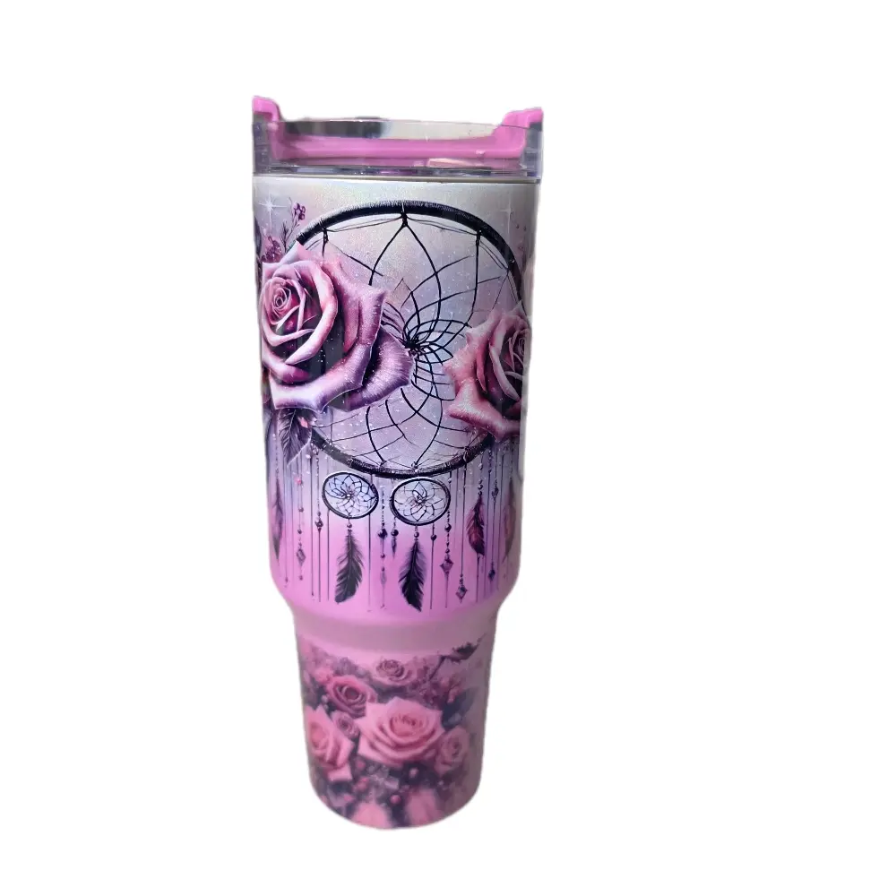 40oz Stainless Steel Water Bottle Tumbler - Aesthetic Shimmer Finish, Roses Motif Design, for Everyday Use Kitchenware Drinkware, Water Bottles