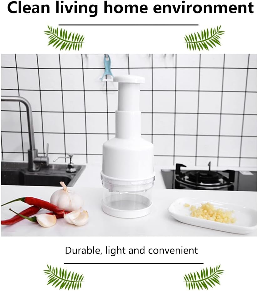 Manual Vegetable Chopper with Container, Handheld Food Cutter for Garlic, Nuts, and Vegetables, Stainless Steel Blades (White, 22.86 x 9.91 cm / 9 x 3.9 in)