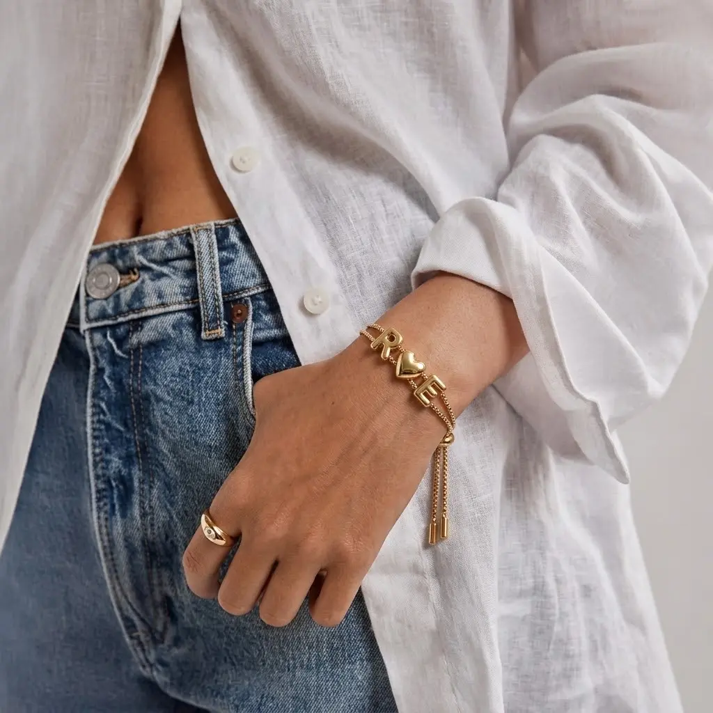 14K Gold Personalized Initial Heart Bracelet | Custom Bubble Letter Bracelet for Women, Adjustable Bolo Jewelry, Her Personalized Gift