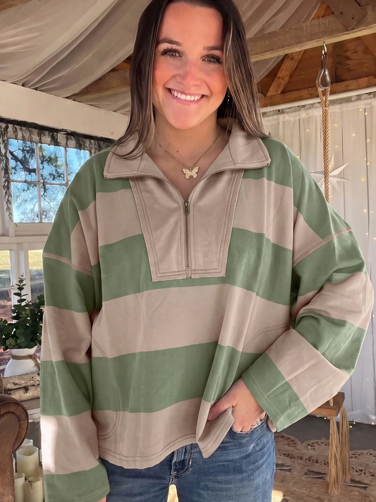 Casual Preppy Striped Quarter Zip Pullover for Women Oversized Fall Sweatshirt