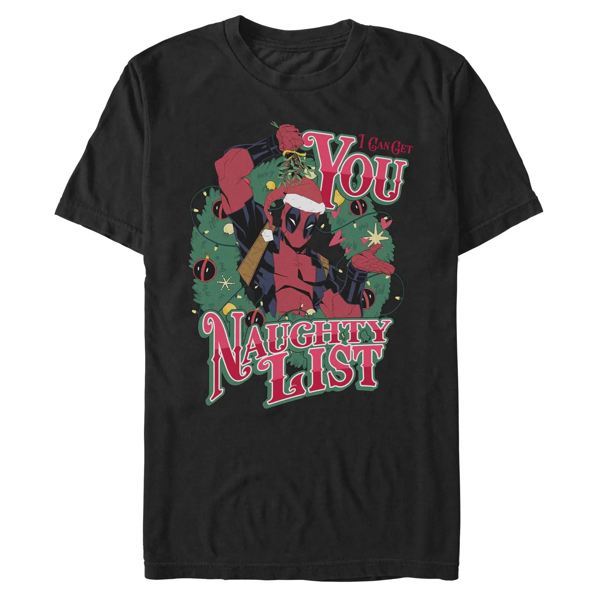 Men's Marvel Deadpool Naughty List Christmas Wreath Short-Sleeve Round Neck Casual Menswear T-Shirt, Shortsleeve, Tee
