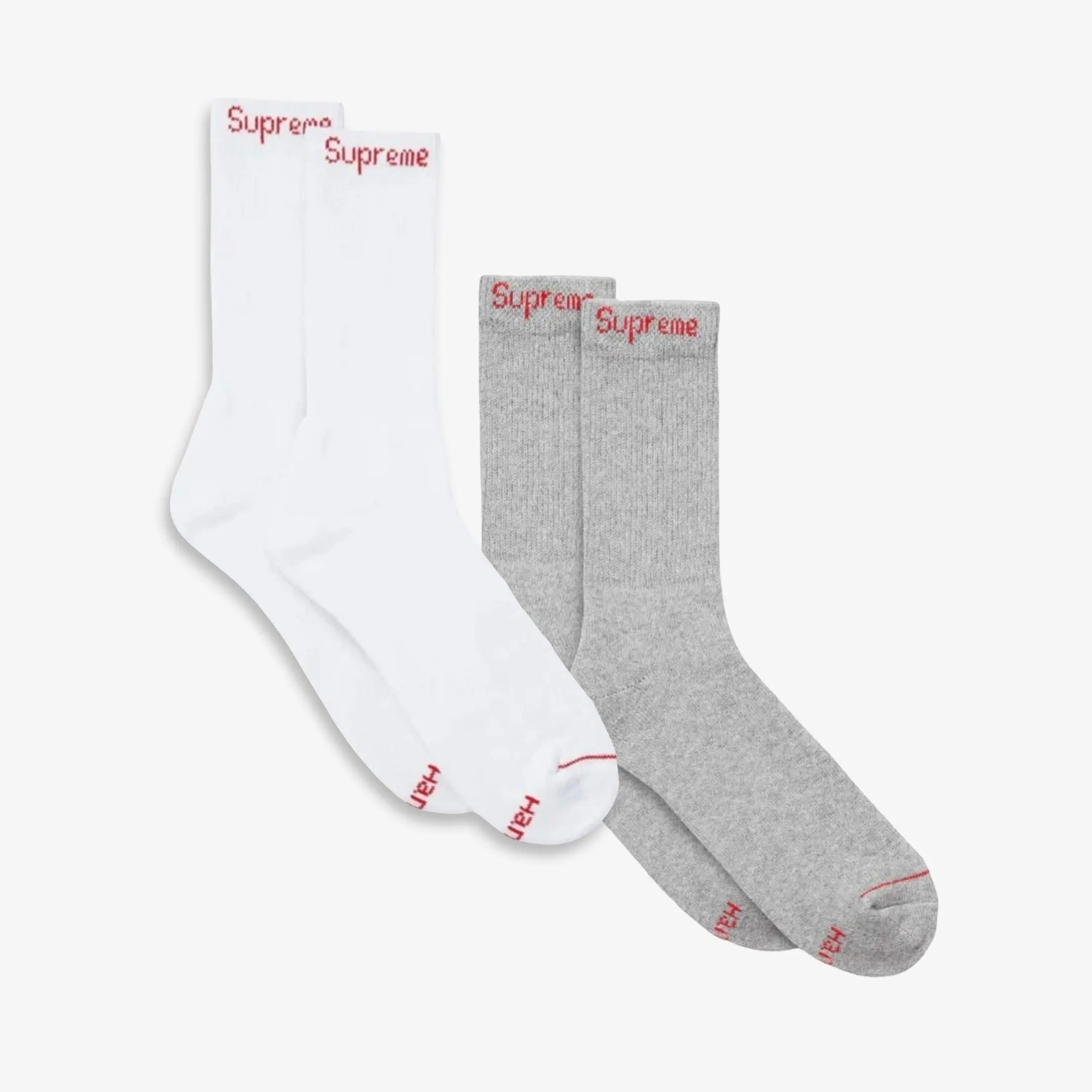Supreme x Hanes Cushion Crew Socks (1 Single Pair of Each Socks) White and Heather Grey