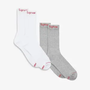 Supreme x Hanes Cushion Crew Socks (1 Single Pair of Each Socks) White and Heather Grey - Comfortable Comfy Cozy Cotton Unisex for Mens Womens GS Kids Young Junior Holiday Christmas Gift Stocking Stuffer