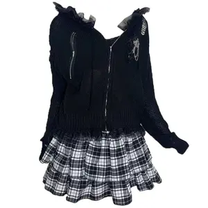 Women’s dark gothic hooded sweater coat, Harajuku ripped holes, ruffle lace trim, zip-up knit jacket/cardigan/short outerwear