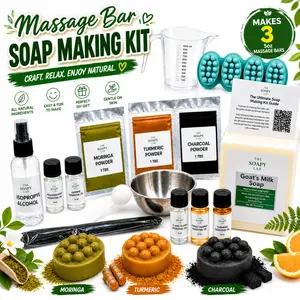 Massage Bar Soap Making Kit – Goat’s Milk Melt & Pour Soap - Ylang Ylang, Sweet Orange, Turmeric, Frankincense & Jasmine Essential Oils, Charcoal, Turmeric & Moringa Powders, Massage Bar Mold & Handmade Soap Craft Supplies for Self-Care Gifts & DIY