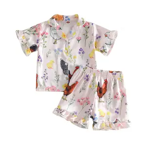 Canrulo Kids Toddler Girl Chick Pajamas Baby Lapel Button Chicken&Floral Tops + Shorts Satin Silk Sleepwear Summer Loungewear