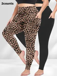 【Plus Size】 Leopard Print / Solid High Waist Leggings, Stretchy Soft Tight Fit Leggings, Casual Comfy Breathable Skinny Pants for Daily Wear, Women's Bottoms for All Seasons