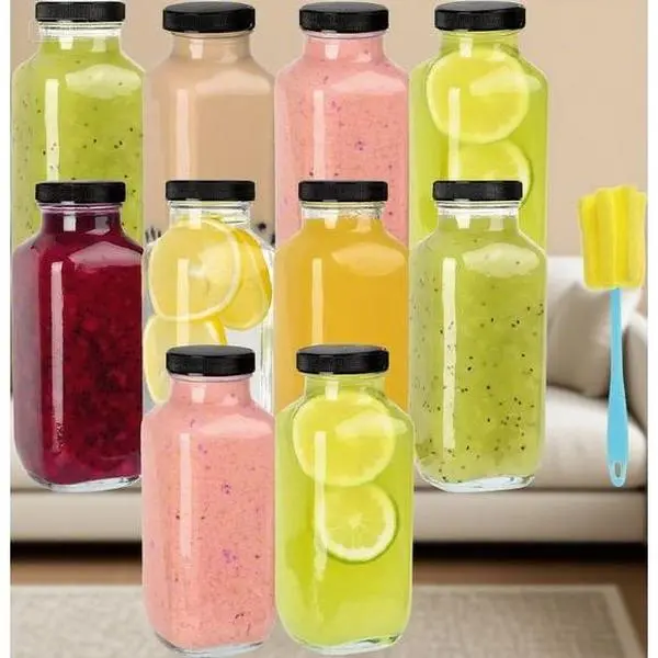 16oz Reusable Glass Bottles with Airtight Lids - Leakproof Juice Containers for Homemade Drinks & Storage - 10 Pack Durable Drinking Jars Includes Cleaning Brush - Perfect for Kombucha, Milk, Smoothies & Meal Prep Set Hand Kitchen Plastic bee charm