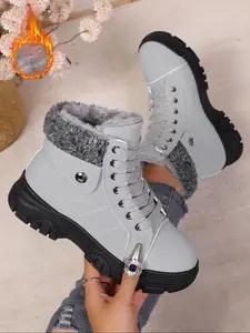 Autumn Winter Trendy Fleece Lined Boots, Winter Warm Boots, Metal Decorative Design, Comfortable Commuting & Shopping Shoes