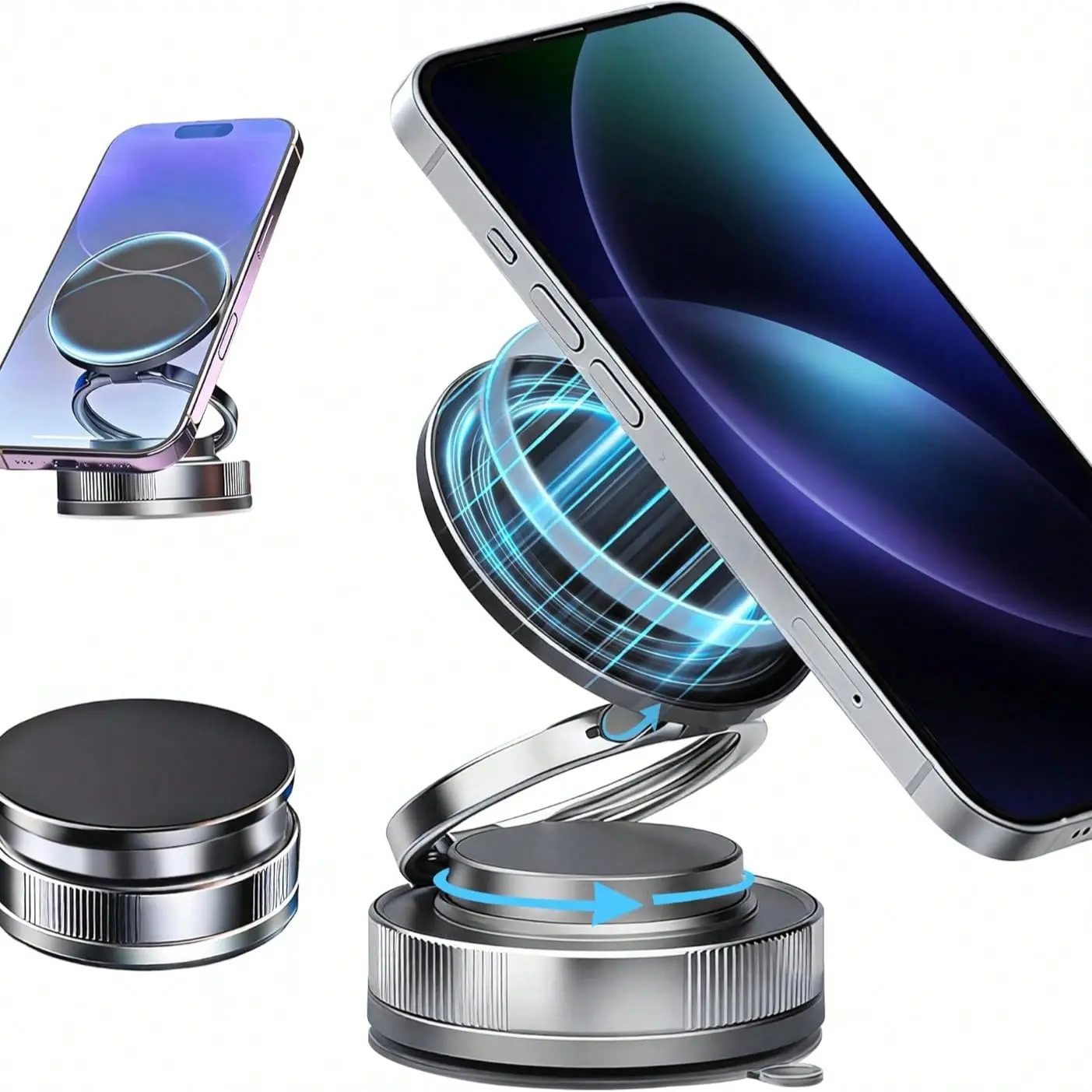 Magnetic Phone Holder with Strong Suction Cup – 360° Rotation, Aluminum Base, One-Handed Operation for Car, Desk, Office（Black）