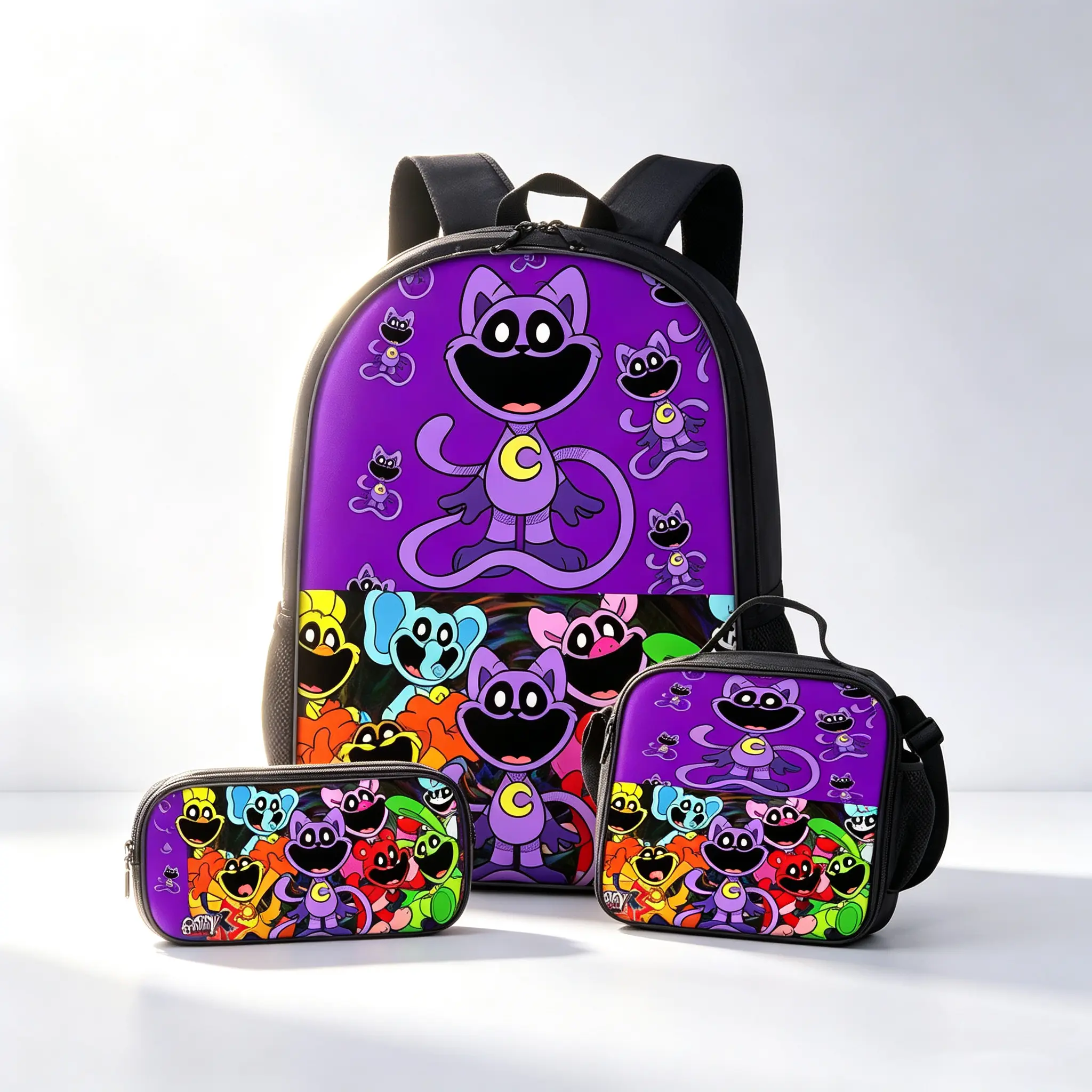 Smiling Critters 3-in-1 Backpack Set with Lunch Bag & Pencil Case for Boys Girls Teens, Large Capacity School Bag Made of 600D Oxford Fabric, Adjustable Shoulder Straps & Breathable Mesh Back Cushioning, Casual Daypack Style
