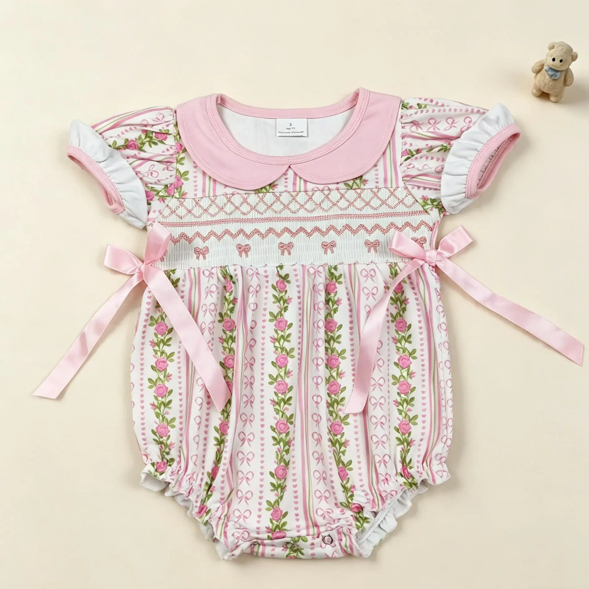 Kids Toddler Short Sleeves Embroidery Bows Clothes Children Girls Flower Coverall Summer Smocked Bodysuit