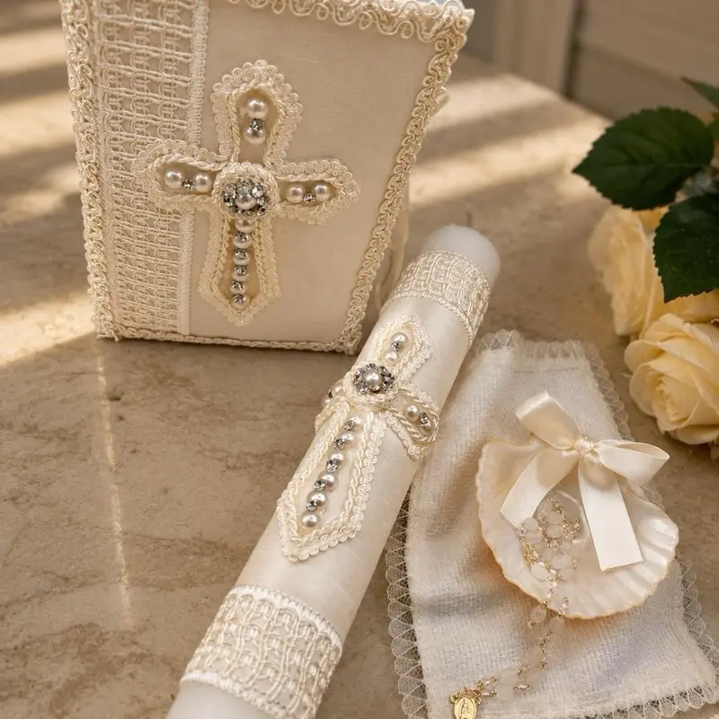 Baptism Candle Set for boys/girls - Elegant Floral Design with Lace and Ribbon - Perfect for Special Occasions