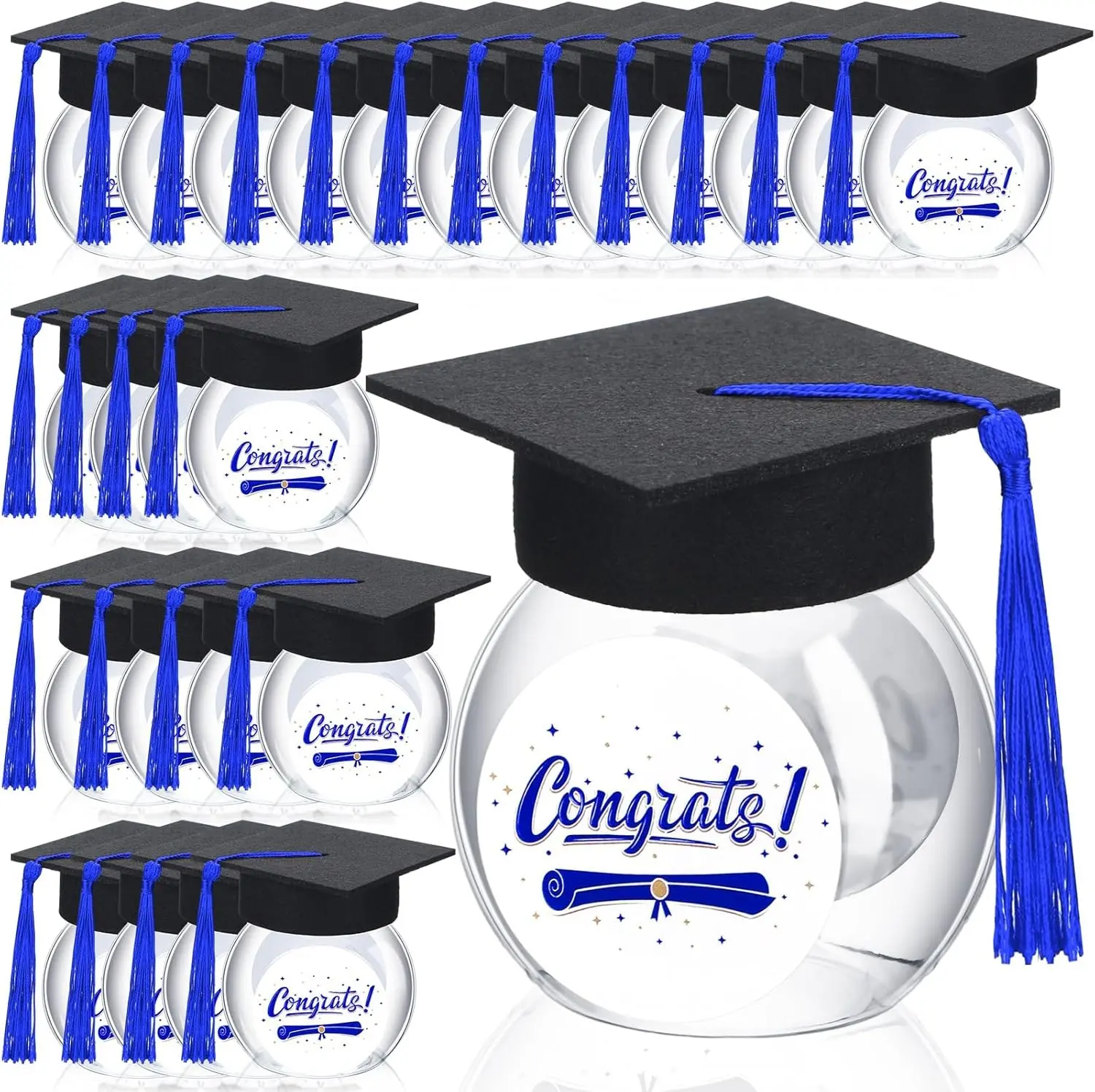24 Sets Graduation Cap Candy Jars 2026, 8oz Plastic Candy Container Chocolate Gum Bottles School Party Gifts for Guests(Blue)