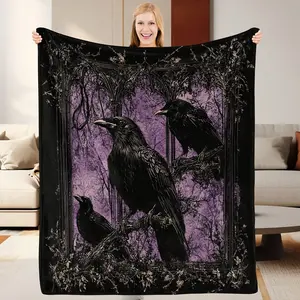 Raven Gothic Artwork, Cozy Flannel Blanket, Soft and Warm, Enigmatic Design Print, Ideal for Bed, Couch, Living Room, Year-Round Use, Halloween | Christmas | Room Decoration | Autumn for Home Decor, 280Gsm