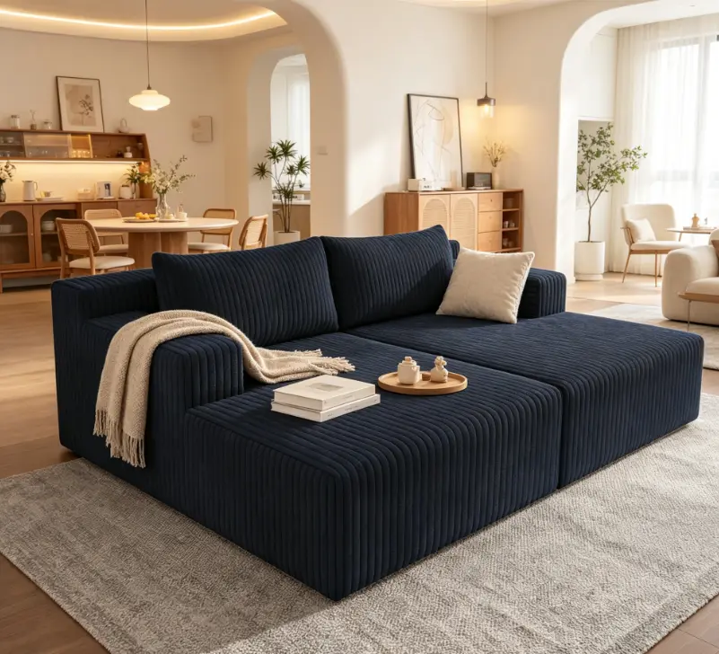 Plush Corduroy Cloud Sectional Sofa with Chaise Longue - Modern Modular Deep-Seat Upholstered Sofa for Living Room, No Assembly Required