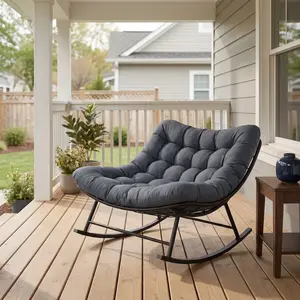 YJ-Outdoor Rocking Chair, Oversized Patio Wicker Egg Chair with Thick and Removable Cushion, Metal Frame, Single Rocking Chair, Double Rocking Chair,Rattan Comfy Rocking Lounge Chairs for Living Room, Balcony & Yard,Dark gray&Off White.