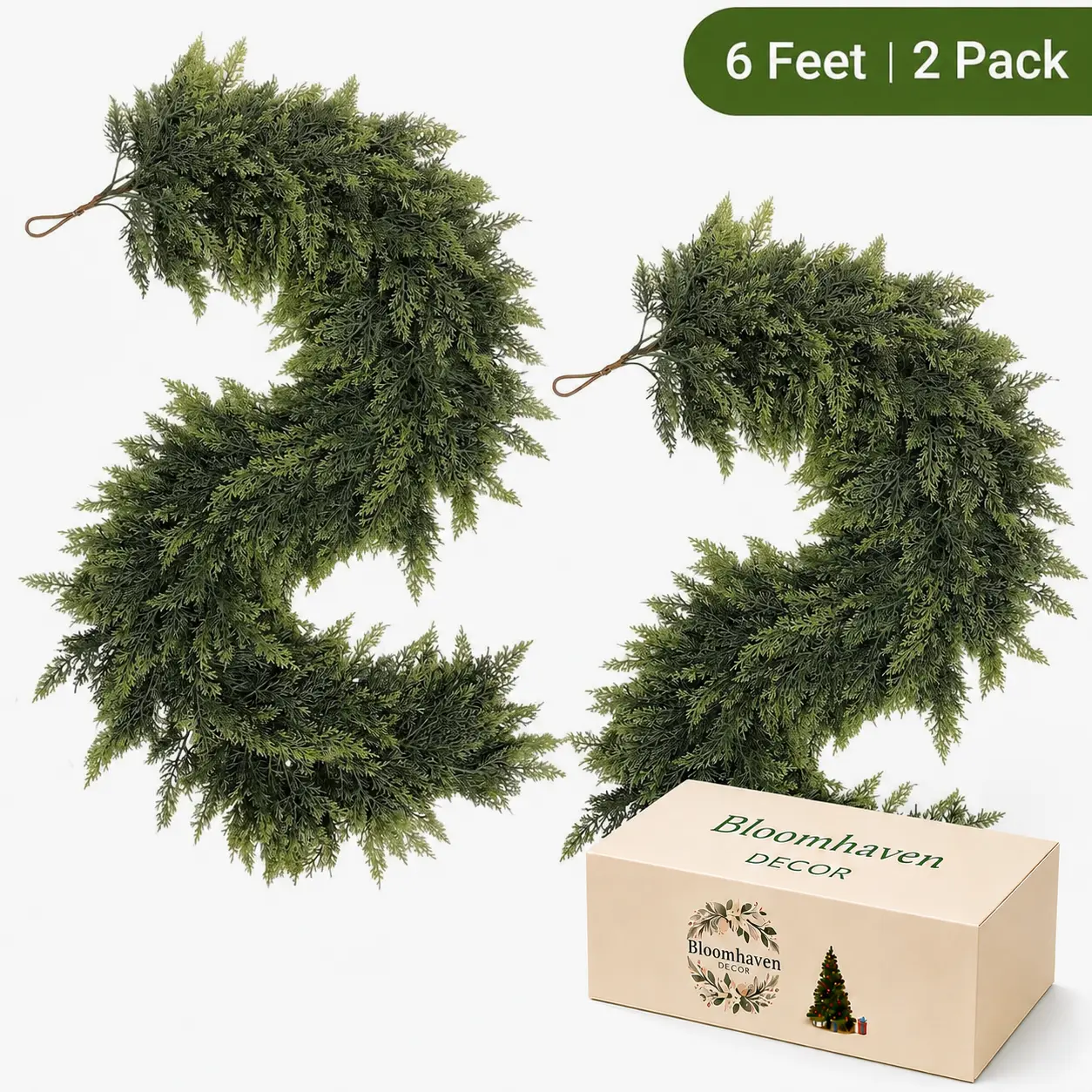 6 FT 2 Pcs Artificial Cedar Garlands, Real Touch Winter Cedar Garland, Green Artificial Greenery Pine Garland for Table, Mantle, Wall, Indoor, Outdoor Christmas Decorations tiktokshopbacktoschool