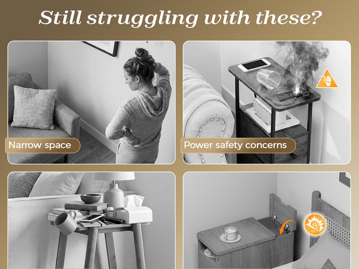 Huuger Narrow End Table with Charging Station, Flip Top Side Table with 2 Fabric Drawers, Slim Night Stand with USB-C Port for Small Spaces, Nightstand Bedside Couch Table, Living Room