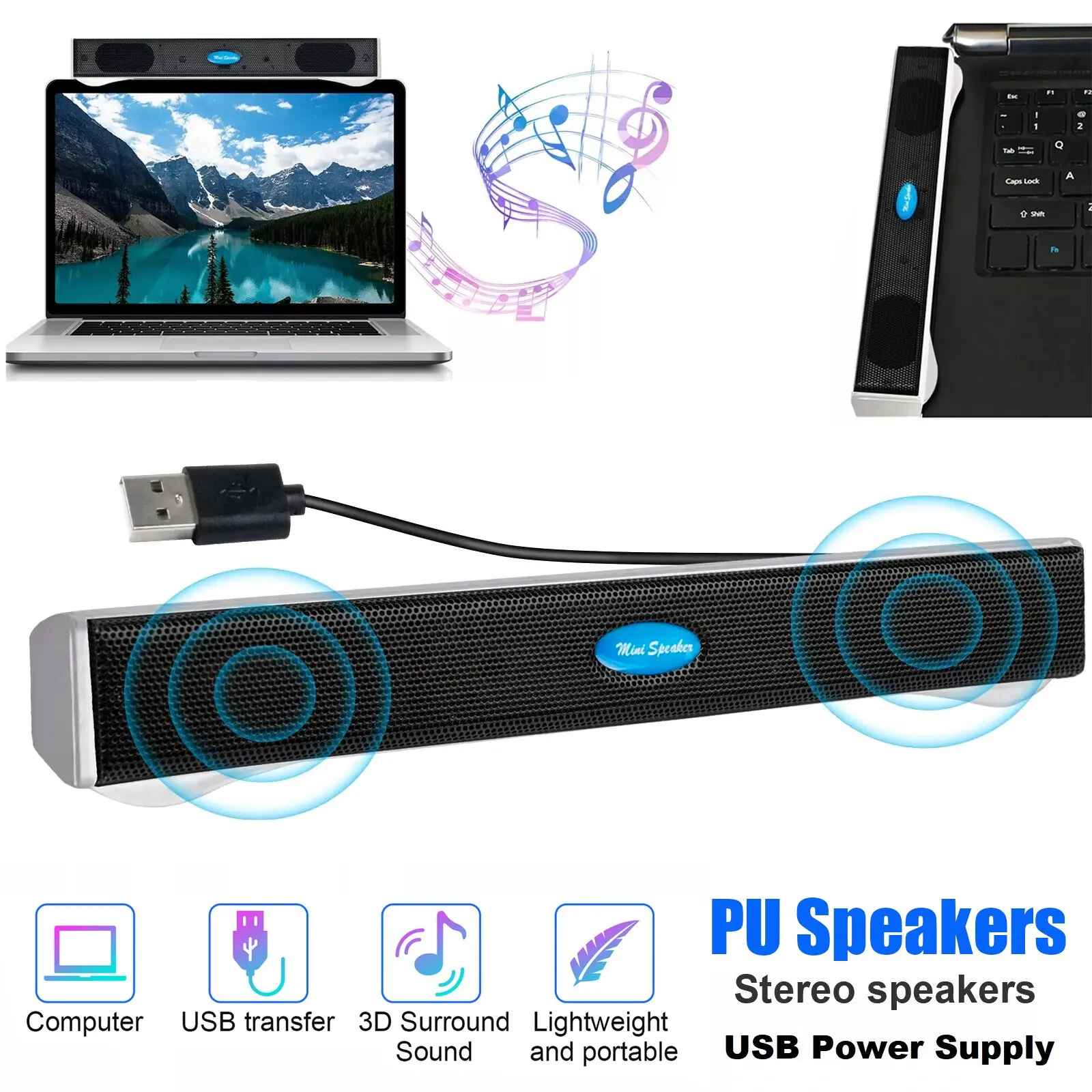 2.0 Stereo USB Wired Soundbar Computer Speakers with Bass Sound for Desktop PC, Laptop