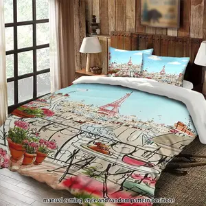 Paris Eiffel Tower cityscape illustration 3-piece comforter set, bedding set, suitable as a gift.