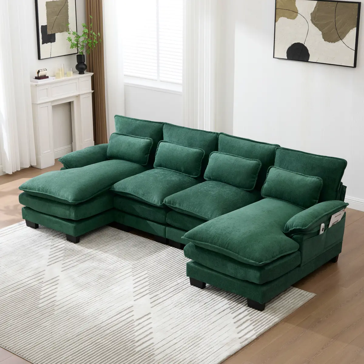 Aobtkel U-Shaped Cloud Modular Sofa Sleeper - 110" Chenille 4-Seat Comfy Sectional Couch with Double Chaise, Memory Foam, Widened Arms, Double Side Pockets Design, Plastic-Infused for Luxury Living Room Apartment Furniture (2 Packages)