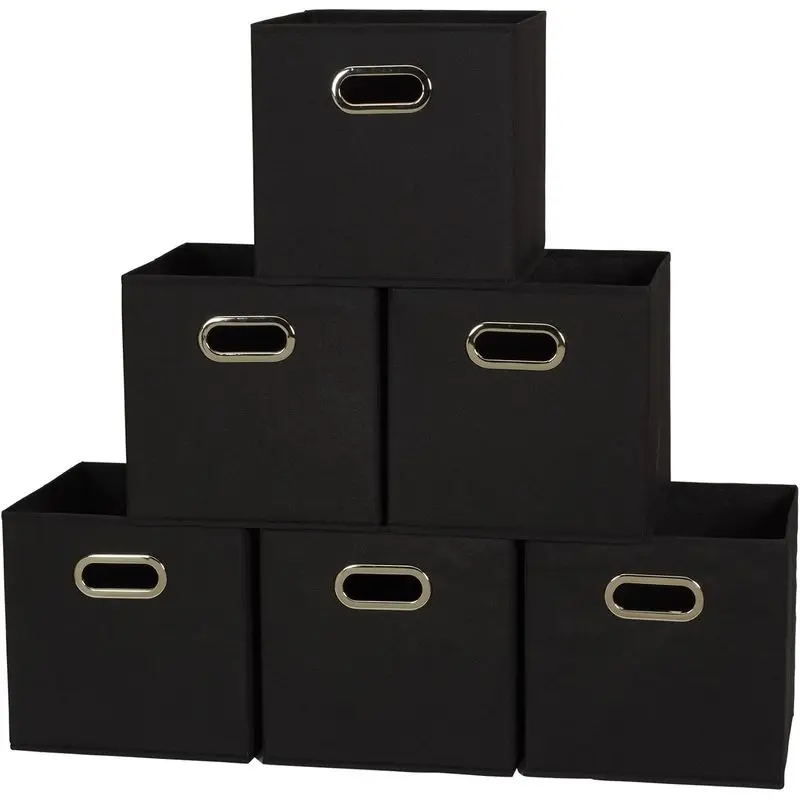 Home Organizer 6-Piece Classic Black Square Shape Storage Boxes Set - Poly-Woven Fabric, Strong Sides Chipboard, Grommet Handle, Foldable Stackable Bins for Space Optimization