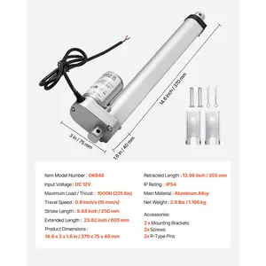 VEVOR 12V Linear Actuator, 9.84 Inch High Speed 0.6/s Linear Motion Actuator, 225lbs/1000N with IP54 Protection Mounting Bracket for Lift Desk, Recliner Chairs, Window Door Opener