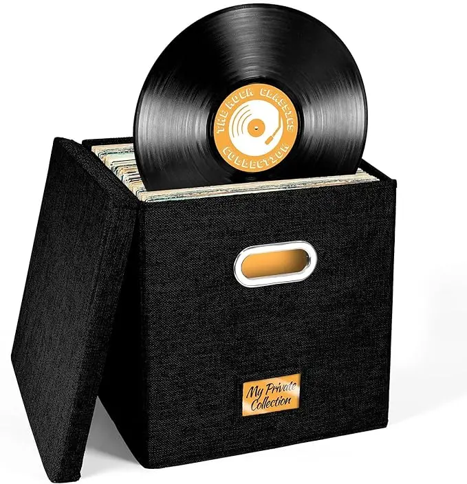 Vinyl Record Storage Box for up to 50+ 12-Inch Albums, Records Crate, LP Album Storage, Fabric Storage Boxes with Lids for Moving, Office, Closet, Home Organizer 13x13x13 (Black)