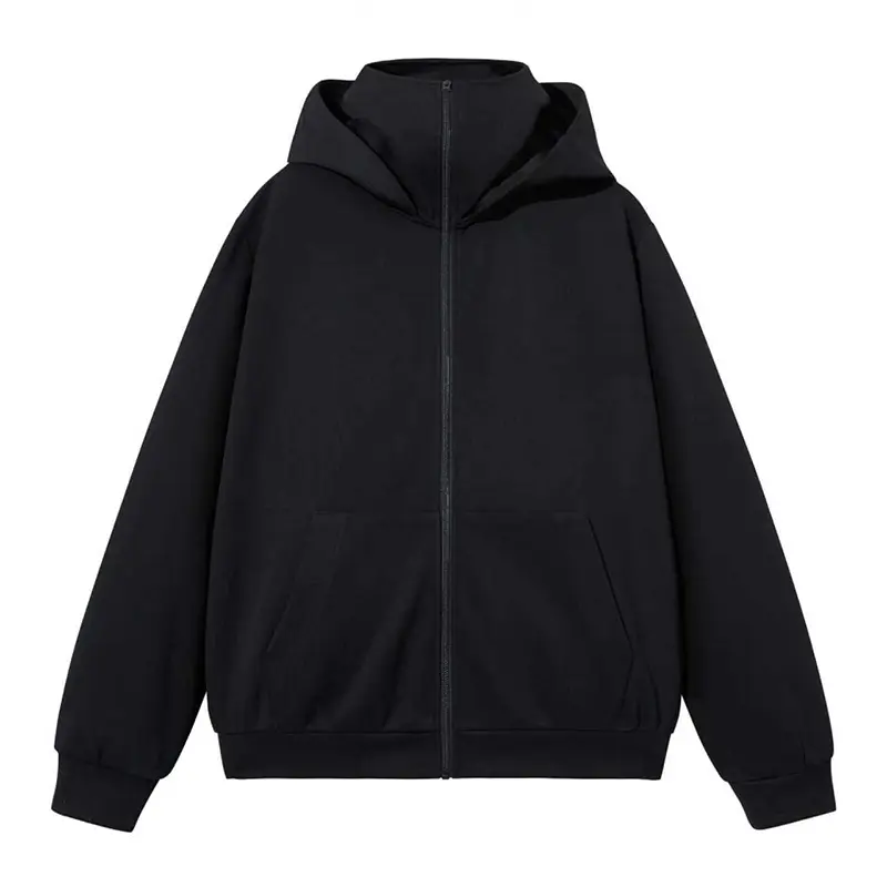 Men's Full Zip Hooded Jacket with High Neck Mask Collar, Windproof Polyester Long Sleeve Sweatshirt, Casual Fall Outerwear, Menswear