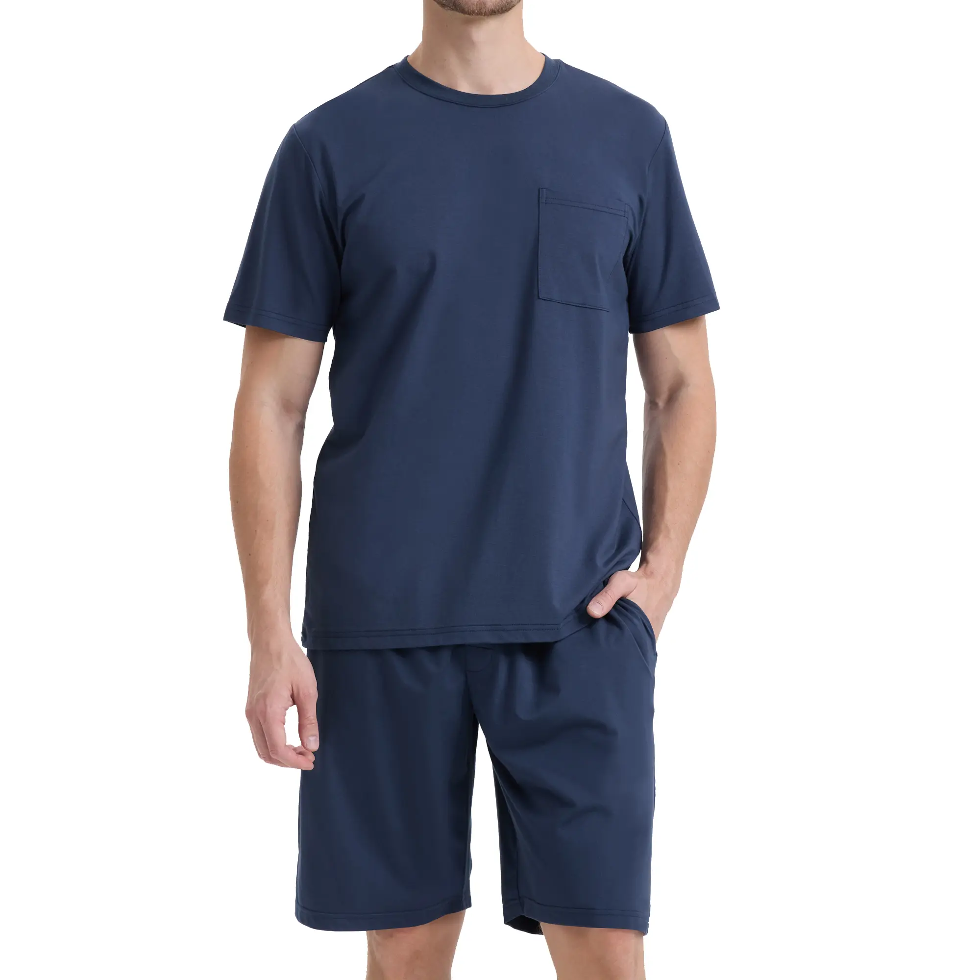 BAMBOO COOL Men's 2-Piece Pajama Set, Soft Lightweight Loungewear with Crew Neck Tee and Nightwear Shorts with Pockets & Button Front, Pocketed, Men's 2 Piece Sets, Above The Knee
