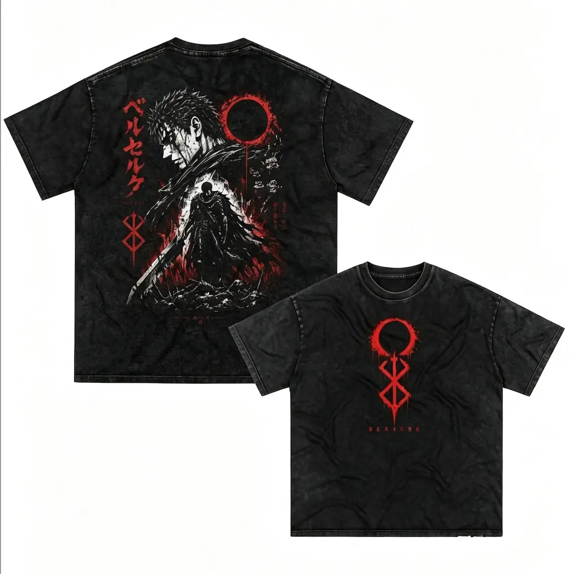Men's Berserk Guts Double-Sided Washed Oversized T-Shirt, Vintage Dark Anime Graphic Unisex Streetwear for Manga Fans