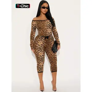 Women’s fashion leopard off-shoulder long-sleeve top + trendy three-quarter pants set; women’s clothing; outfit; fitted; chic; casual; spring and fall; daily wear; vacation; date; sports; leopard print set