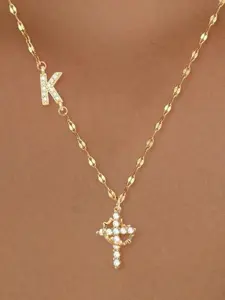 Initial Necklace A-Z Gold Plated 26 Letter Rotating Cross Pendant Shiny Cubic Zirconi Monogram Pendant for Women Fashion Jewelry
