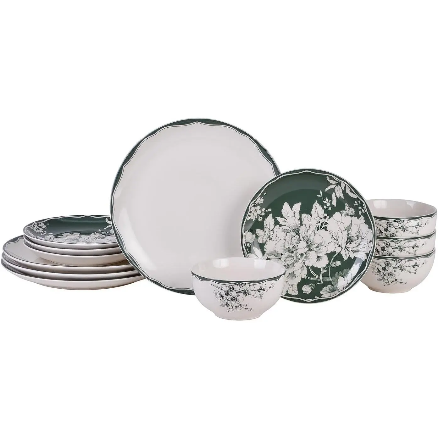 Brittany 12- Sage Porcelain Dinnerware Set - Service for 4, Includes Dinner Plates, Salad Plates & Bowls, , Floral Design, for Everyday Dining & Entertainment