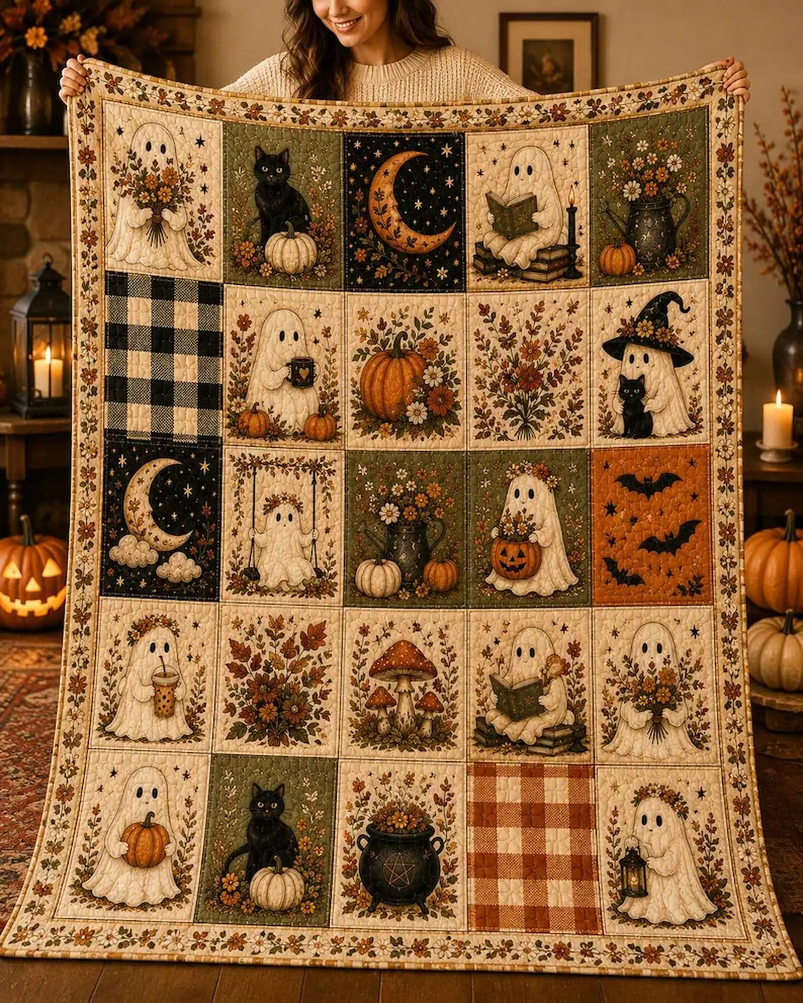 Halloween Quilt Blanket Ghost Pumpkin Throw Blanket | Cozy Soft Fall Bedding With Spooky Ghost And Pumpkin Pattern, Lightweight Quilted Warm Decorative Cover For Bedroom Sofa Couch | Halloween Farmhouse Decor Holiday Home Refresh Seasonal Gift