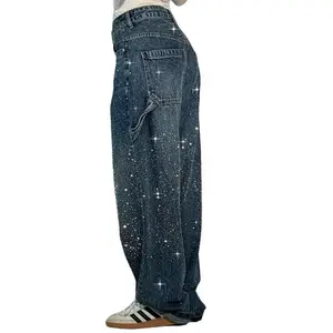 Women's Spring Fall Boyfriend Jeans - Mid-Rise Wide Leg Rhinestone Embellished Stretch Denim Loose Fit Fabric Womenswear Casual Party Bottoms fashion casual jean