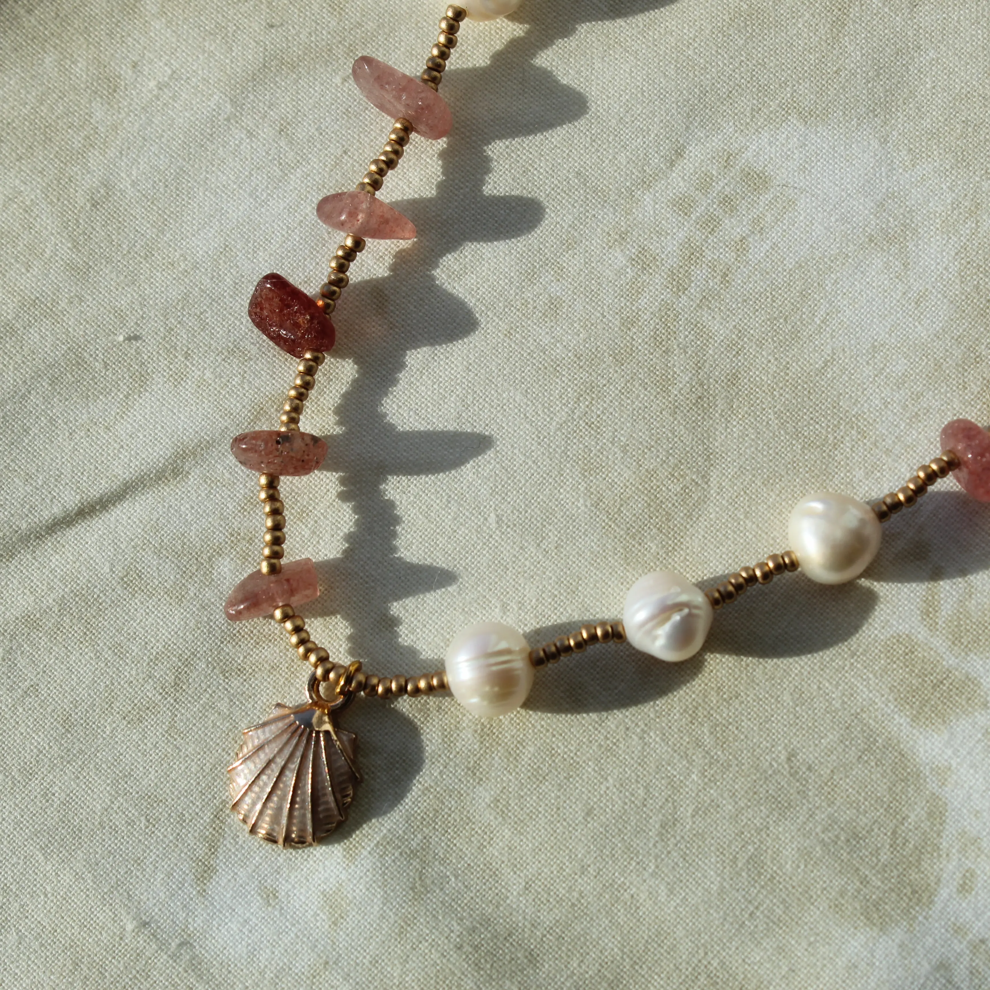 Pearl Necklace, Strawberry Quartz Gold Seashell Charm, Handmade Beaded Gemstone Jewelry, Dainty Layering Gift for Her