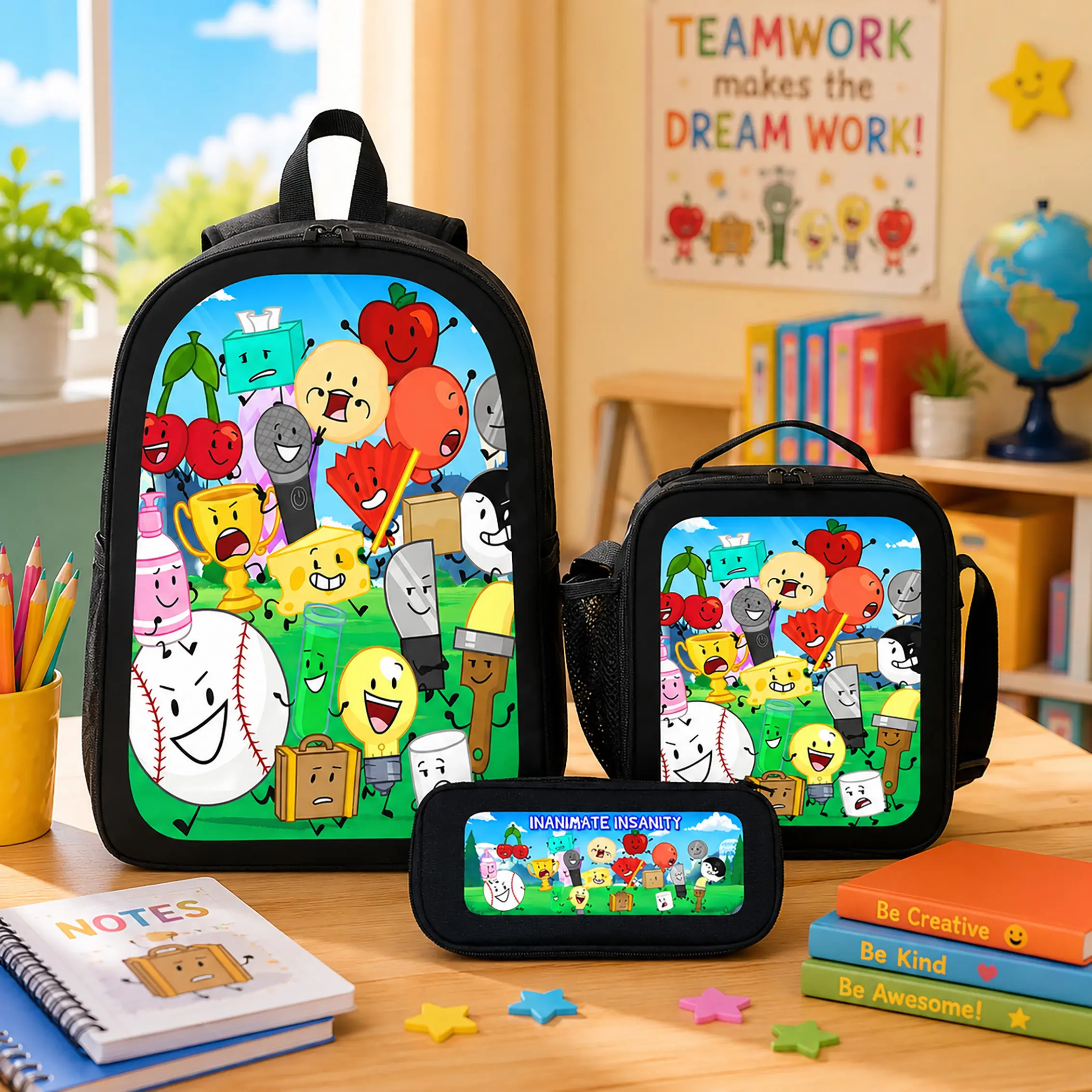 Battle for Dream Island 3 Piece Backpack Set Polyester Backpack Lunch Bag Pencil Case Large Capacity Lightweight Breathable Cartoon Anime Travel Daypack for School College Teens Boys Girls Women Men