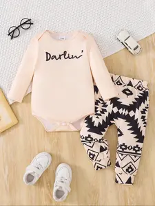 Baby Boy Spring Fall Set, Baby Clothing, Fashionable 'darlin'' Letter Romper & Geometric Print Pants, Comfortable and Skin-Friendly, Outdoor Wear