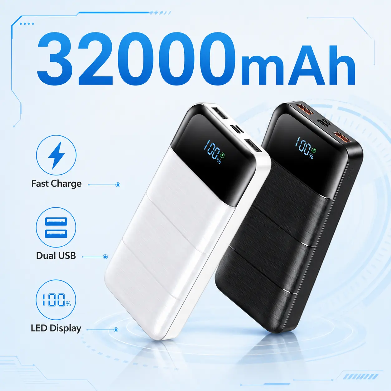 32000mAh Compact Power Bank Portable Charger with 5V3A Fast Charging, Built-in LED Display, Micro USB Compatibility, Protection Features for Smartphones, Tablets & All USB Devices (Electronics Accessories)