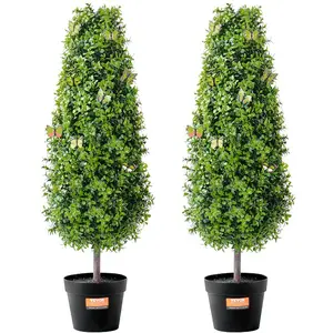 2-Piece 36-in Lifelike Artificial Boxwood Topiary Tree Set, UV-Rated Faux Greenery with Extra Leaves & Small Pot, Decorative Hedge for Home Indoor/Outdoor Use (Lifelike Artificial Tree)