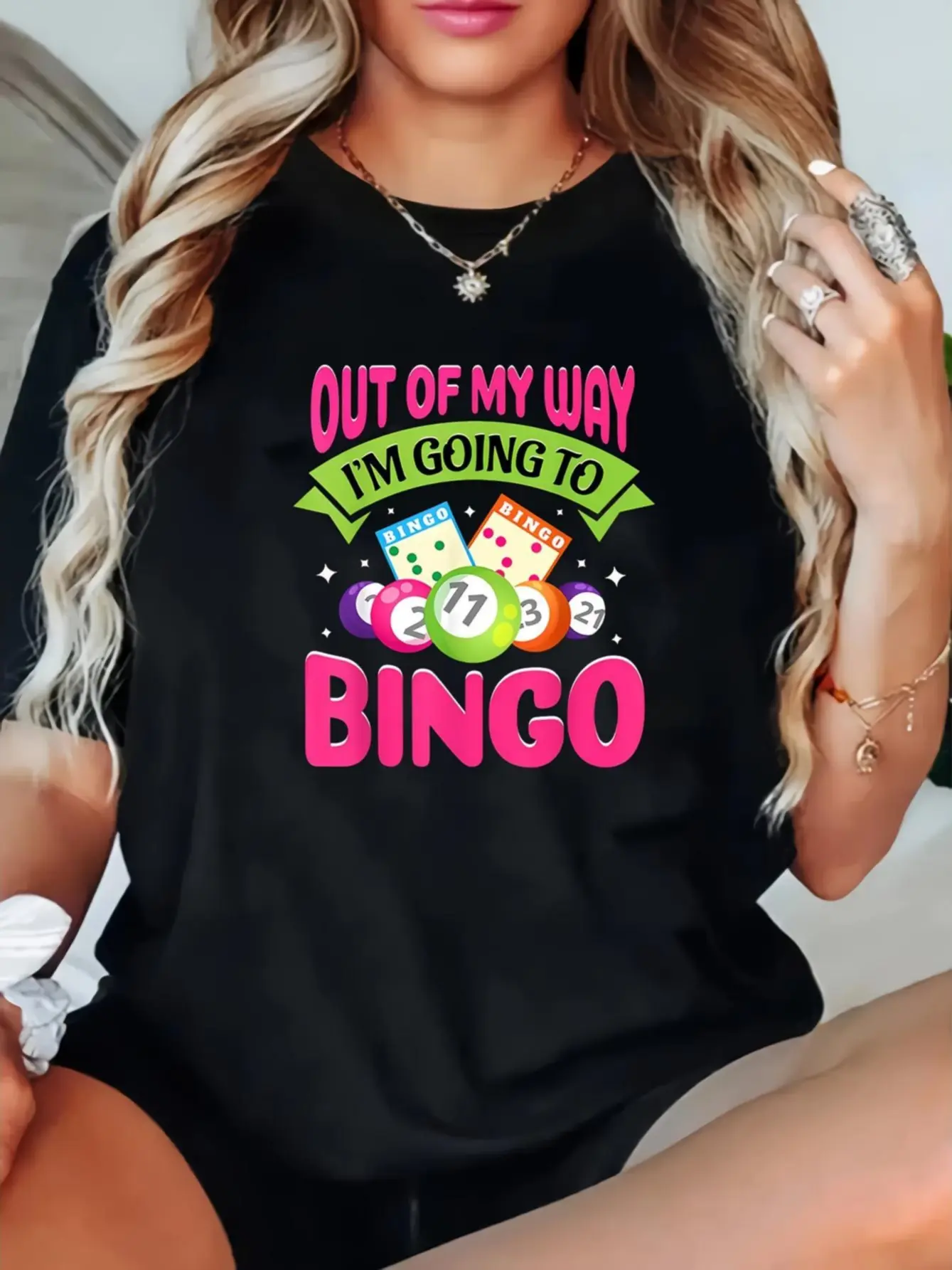 Plus Size - Plus Size - Plus Size Casual Women'S T-Shirt with Bingo Print, Short Sleeves, Round Neck, And Slight Stretch