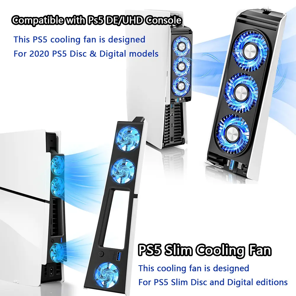 Cooling Fan for PS5 Accessories,with 3 Blue LED Light/ 2 USB 3.0 Ports / 2 Fan Speed,Compatible with PlayStation 5 Console Digital/CD Version, High Efficiency PS5 Cooler Station,PS5 Slim Cooler Accessories with LED Light,for PS5 Slim Digital/Discs Edition